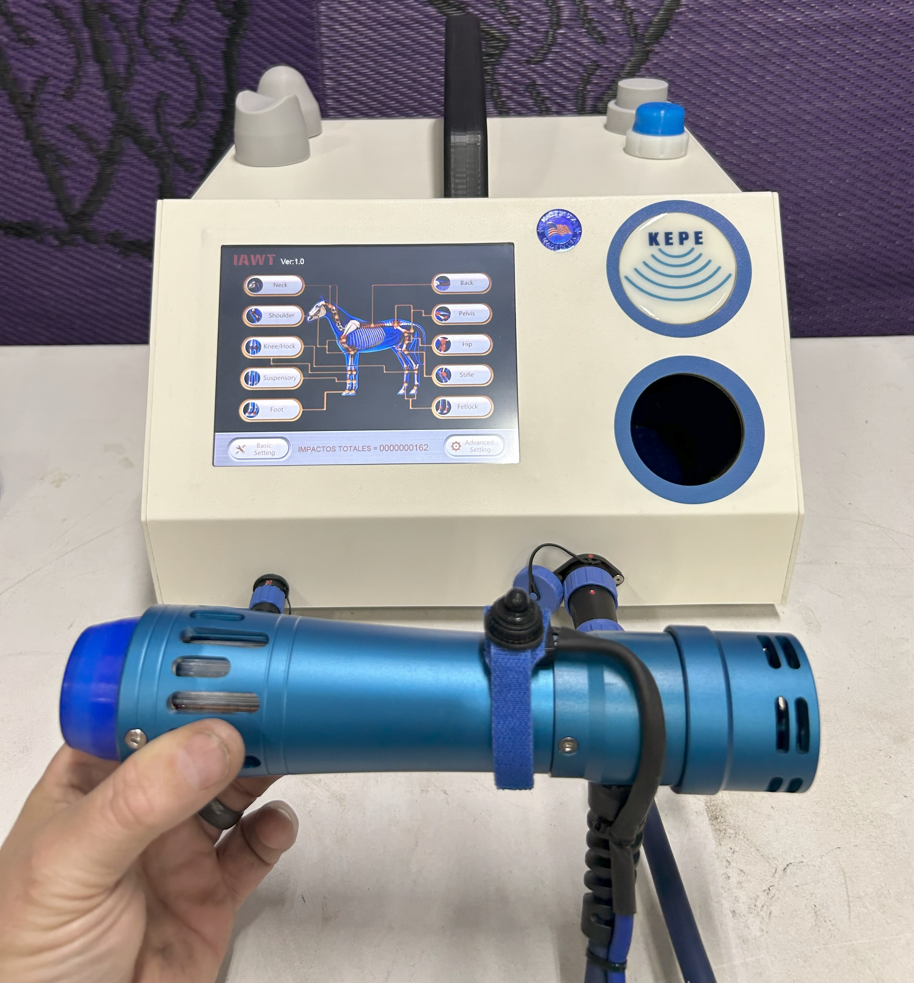 Close-up showing the KEPE handpiece switch wiring and strain relief