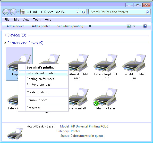 Devices and Printers - Set Windows Default Printer for the AHMS